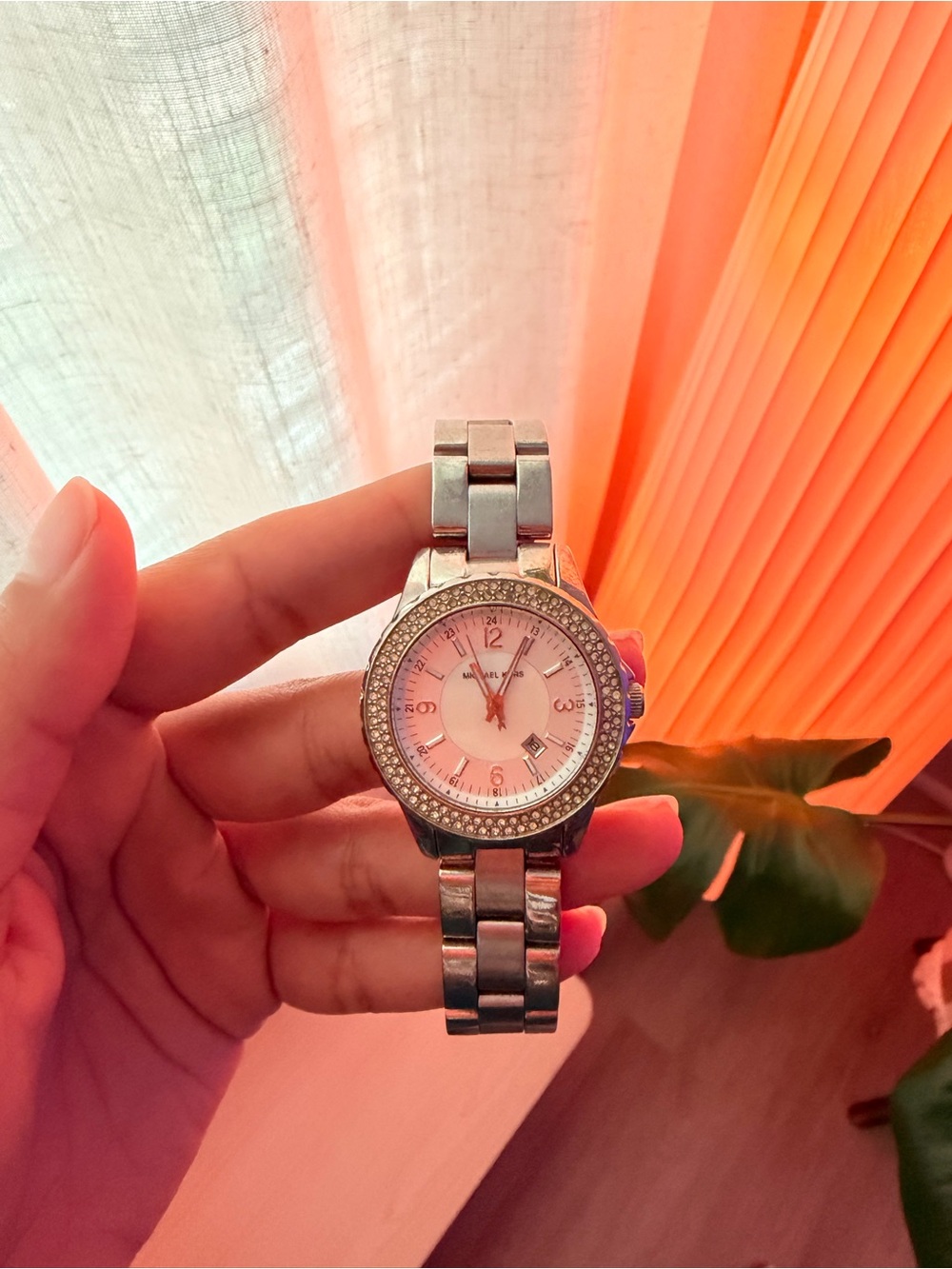 Silver Stainless Steel Women's Watch with Crystal Bezel - MK